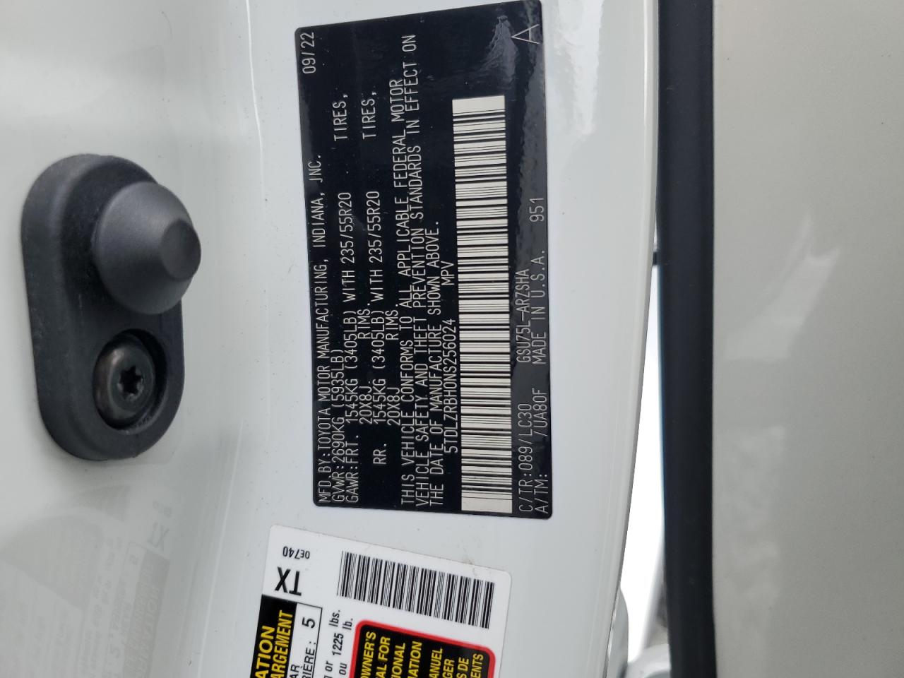 2022 TOYOTA HIGHLANDER XSE VIN:5TDLZRBH0NS256024