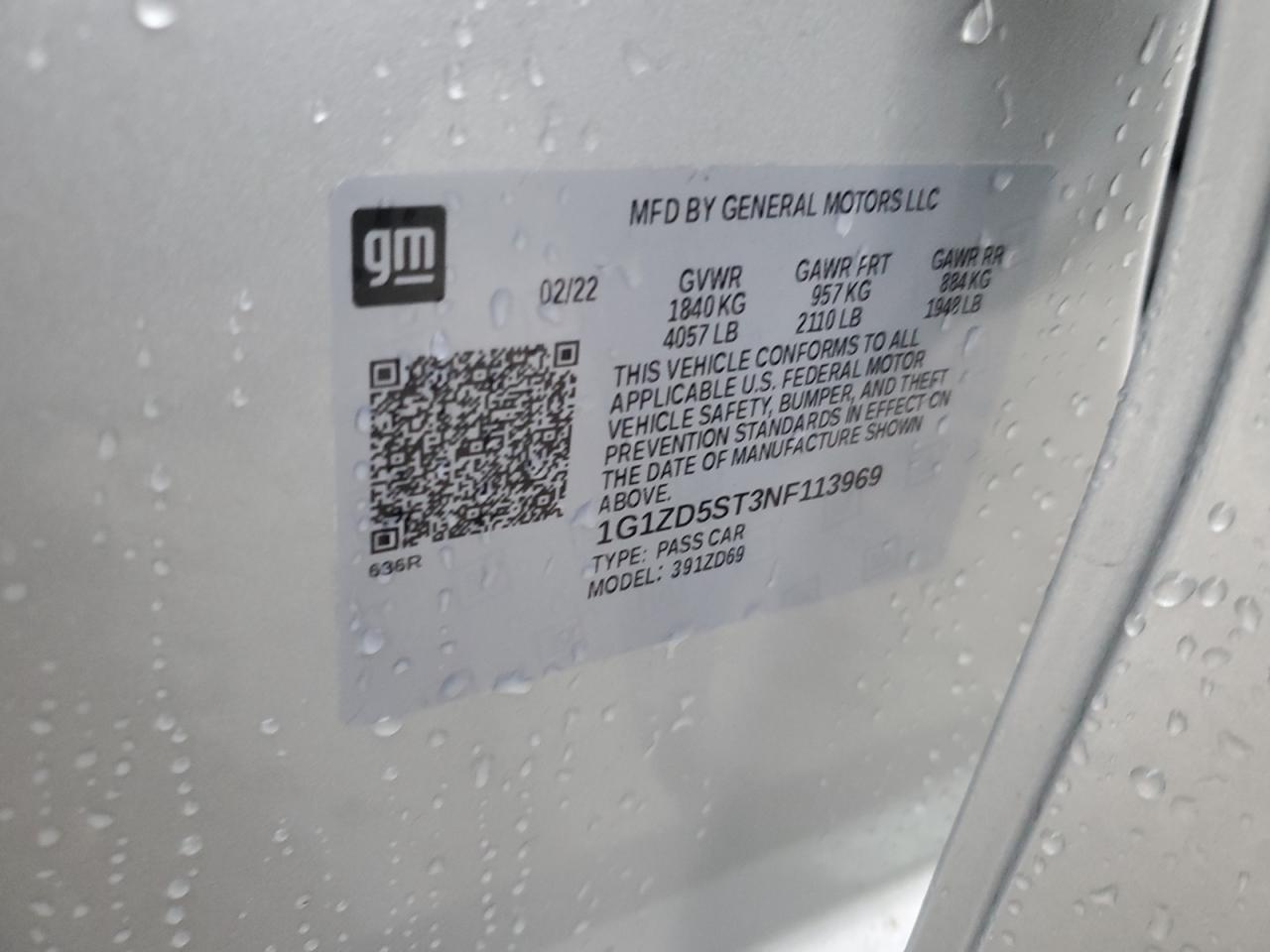 2022 CHEVROLET MALIBU LT VIN:1G1ZD5ST3NF113969