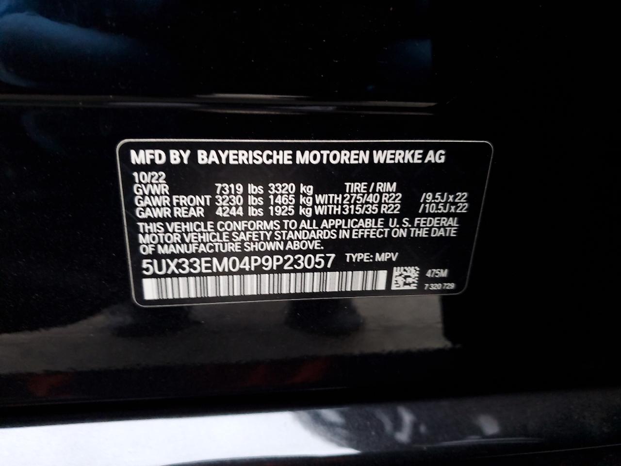 2023 BMW X7 M60I VIN:5UX33EM04P9P23057