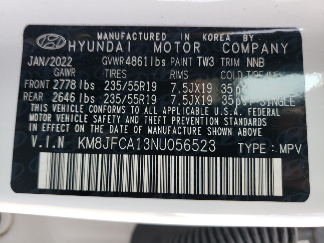 2022 HYUNDAI TUCSON SEL CONVENIENCE VIN:KM8JFCA13NU056523