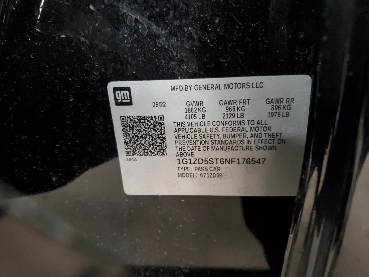 2022 CHEVROLET MALIBU LT VIN:1G1ZD5ST6NF176547