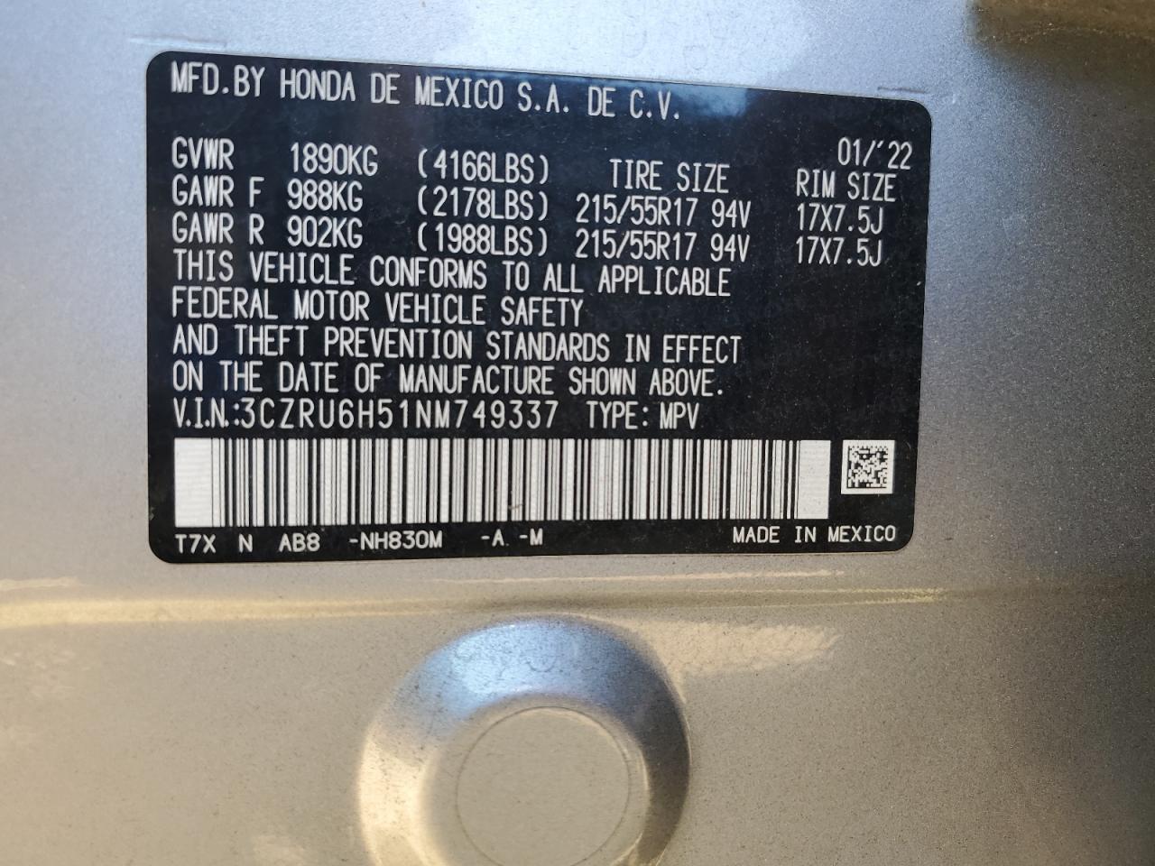 2022 HONDA HR-V EX VIN:3CZRU6H51NM749337