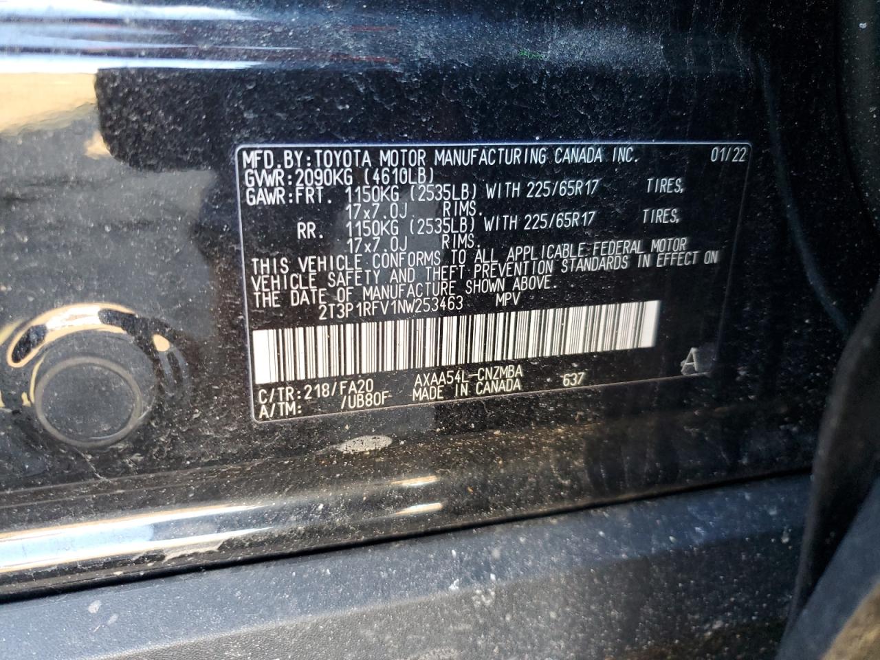 2022 TOYOTA RAV4 XLE VIN:2T3P1RFV1NW253463