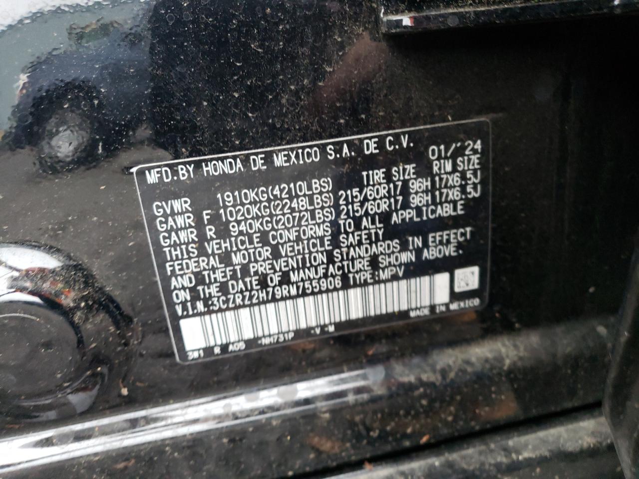 2024 HONDA HR-V EXL VIN:3CZRZ2H79RM755906