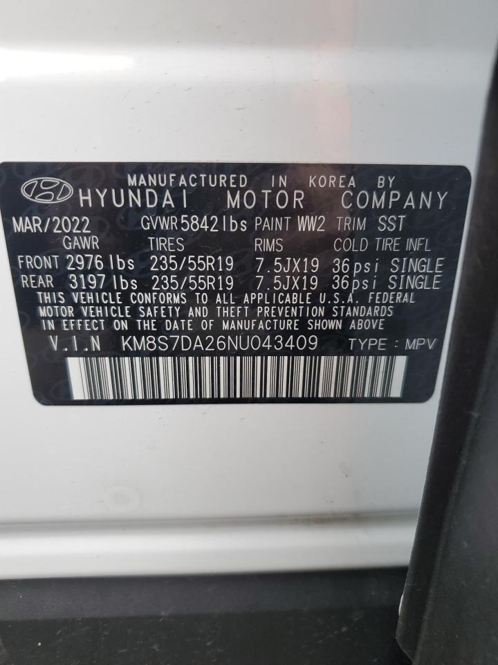 2022 HYUNDAI SANTA FE LIMITED VIN:KM8S7DA26NU043409