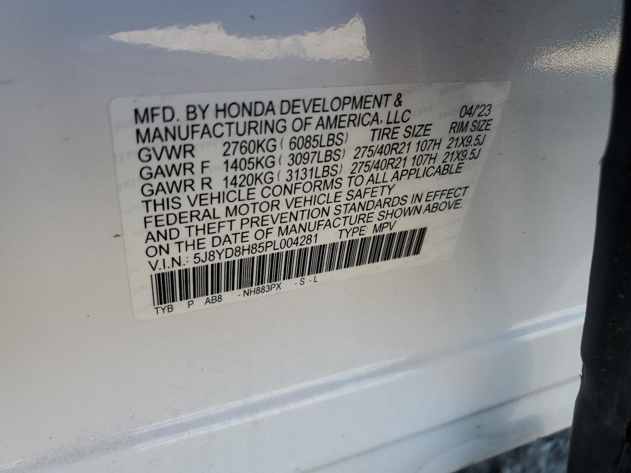 2023 ACURA MDX TYPE S ADVANCE VIN:5J8YD8H85PL004281