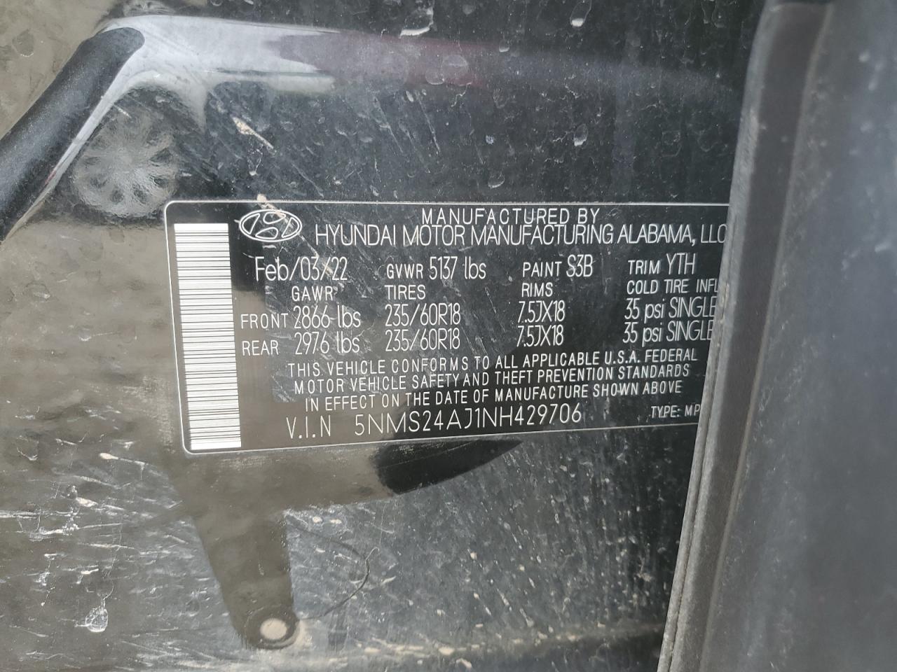 2022 HYUNDAI SANTA FE SEL VIN:5NMS24AJ1NH429706