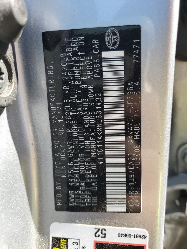 2022 TOYOTA CAMRY SE VIN:4T1G11AK8NU631432
