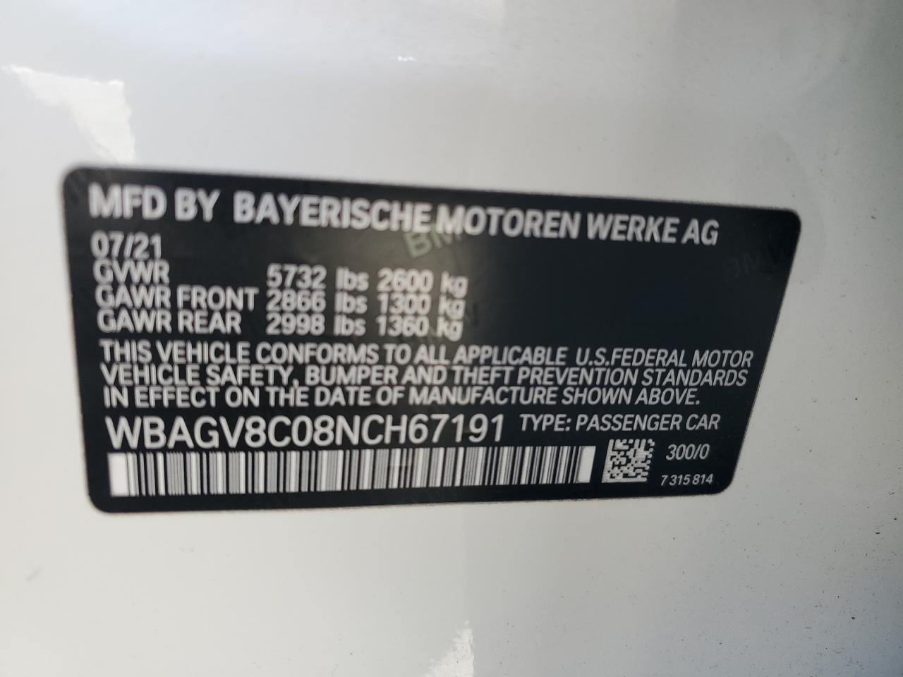 2022 BMW M850XI  VIN:WBAGV8C08NCH67191