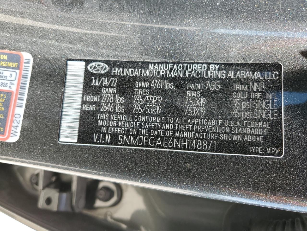 2022 HYUNDAI TUCSON SEL VIN:5NMJFCAE6NH148871