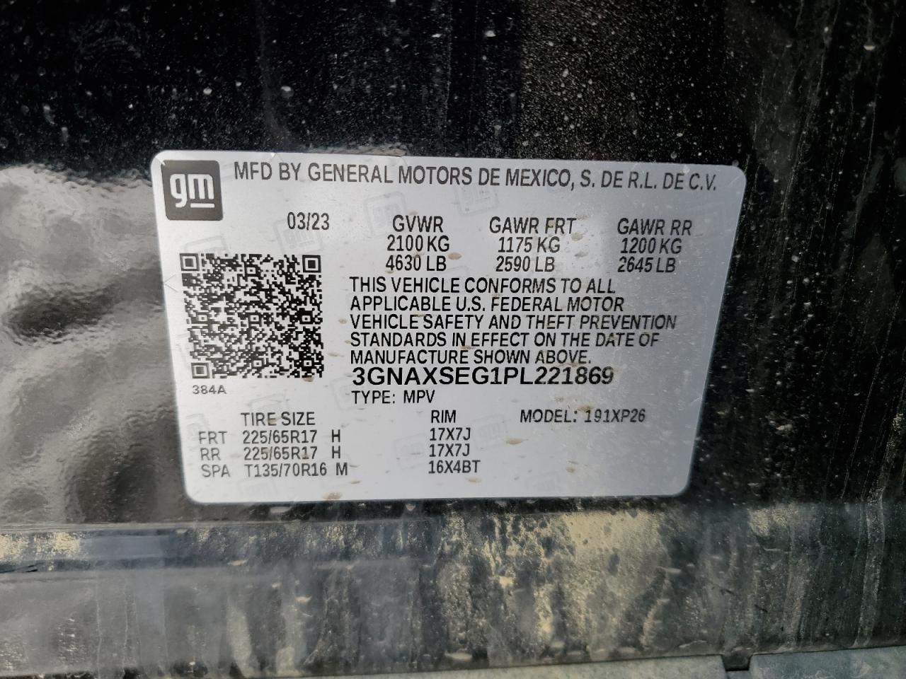 2023 CHEVROLET EQUINOX LS VIN:3GNAXSEG1PL221869