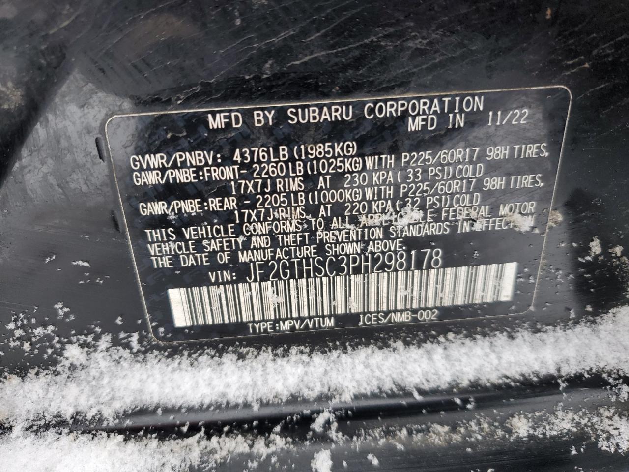 2023 SUBARU CROSSTREK SPORT VIN:JF2GTHSC3PH298178