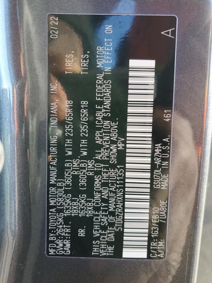 2022 TOYOTA HIGHLANDER XLE VIN:5TDGZRAHXNS111351