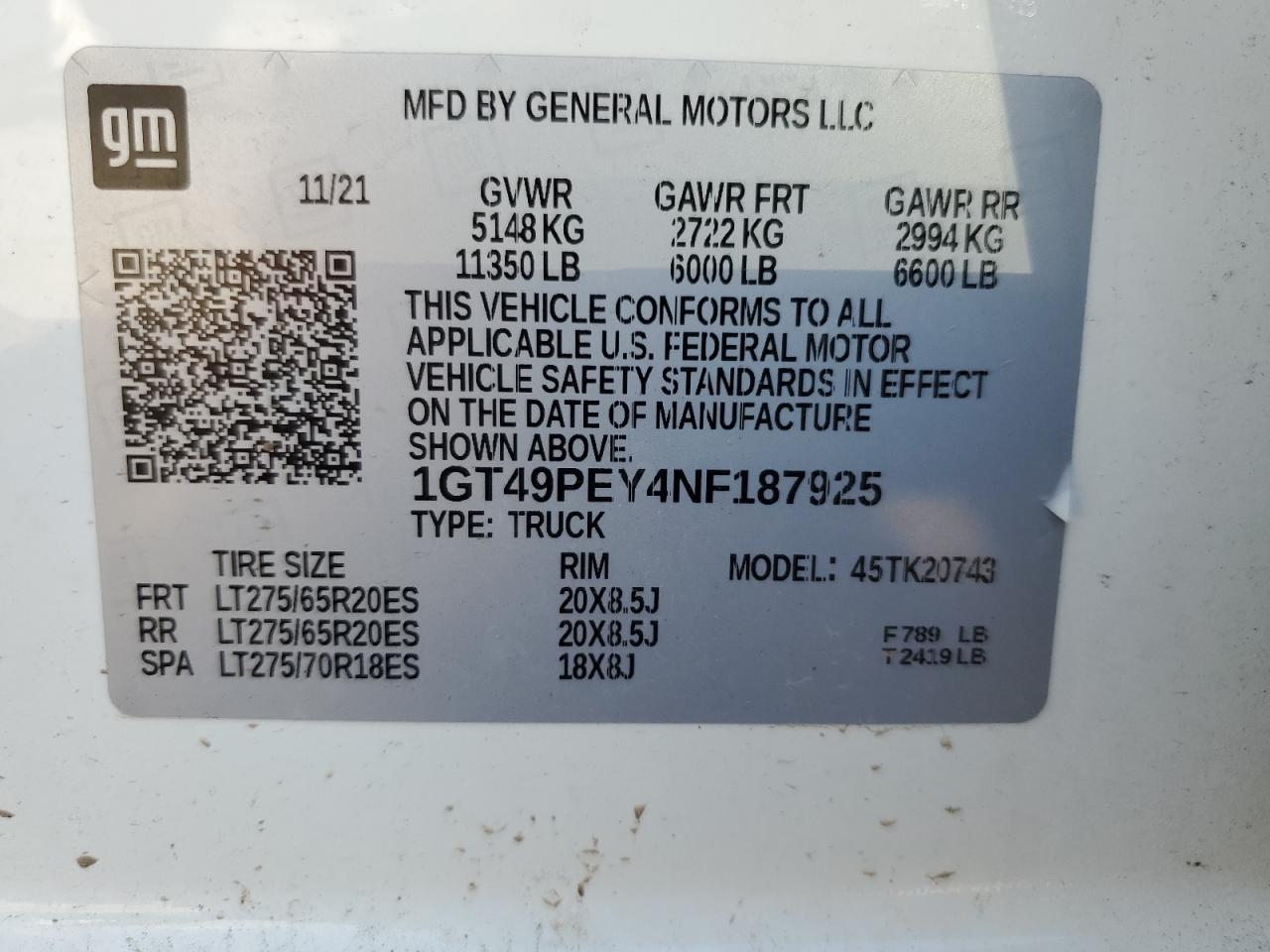 2022 GMC SIERRA K2500 AT4 VIN:1GT49PEY4NF187925