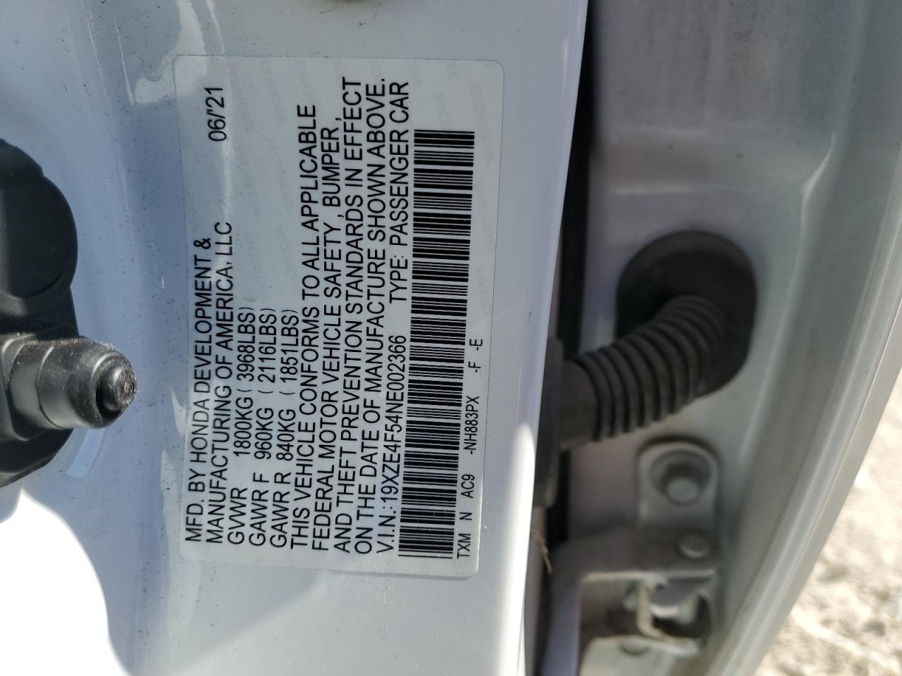 2022 HONDA INSIGHT EX VIN:19XZE4F54NE002366