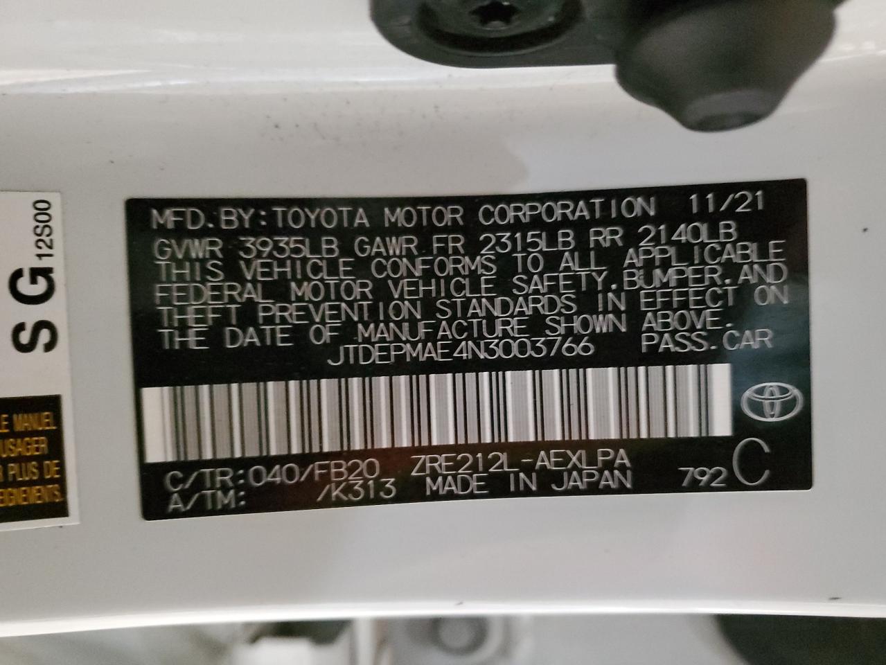2022 TOYOTA COROLLA LE VIN:JTDEPMAE4N3003766