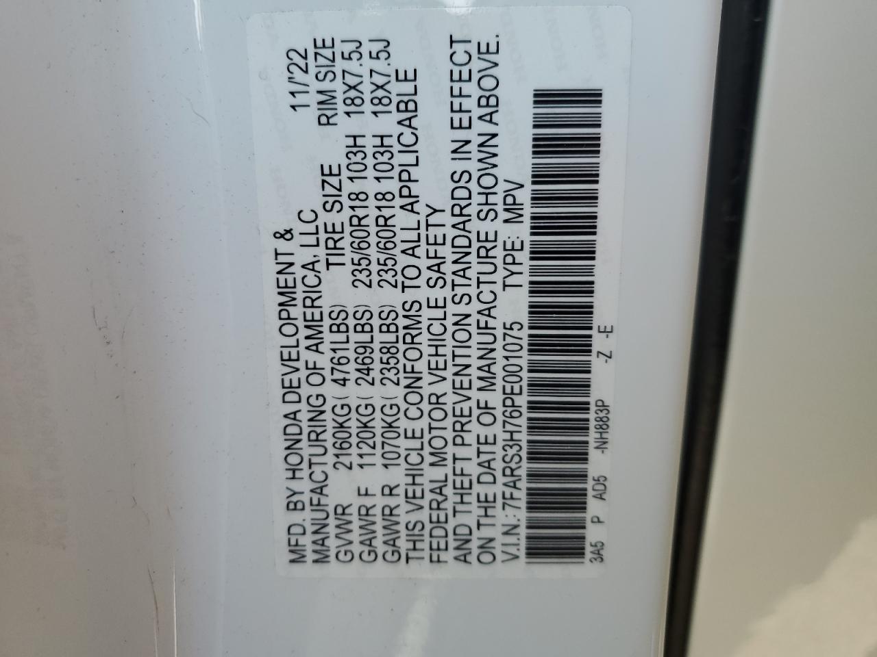 2023 HONDA CR-V EXL VIN:7FARS3H76PE001075