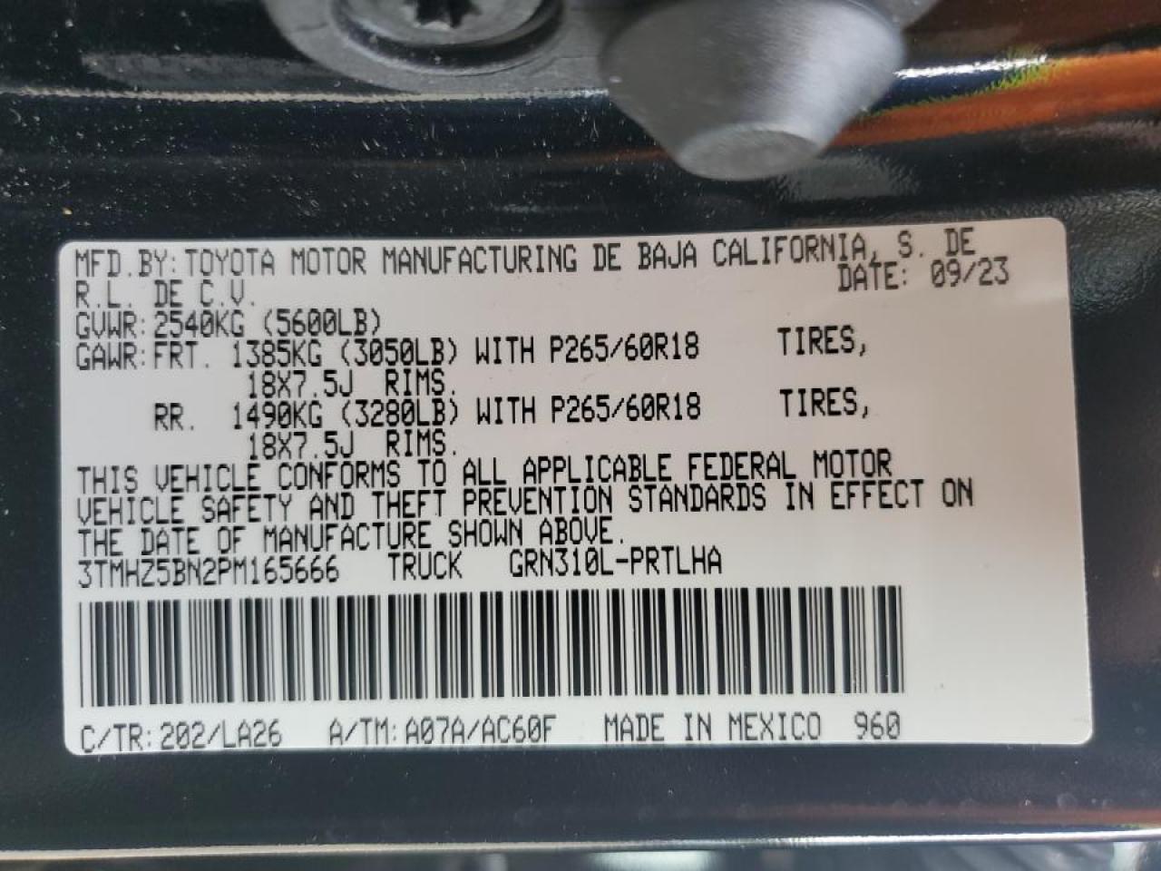 2023 TOYOTA TACOMA DOUBLE CAB VIN:3TMHZ5BN2PM165666