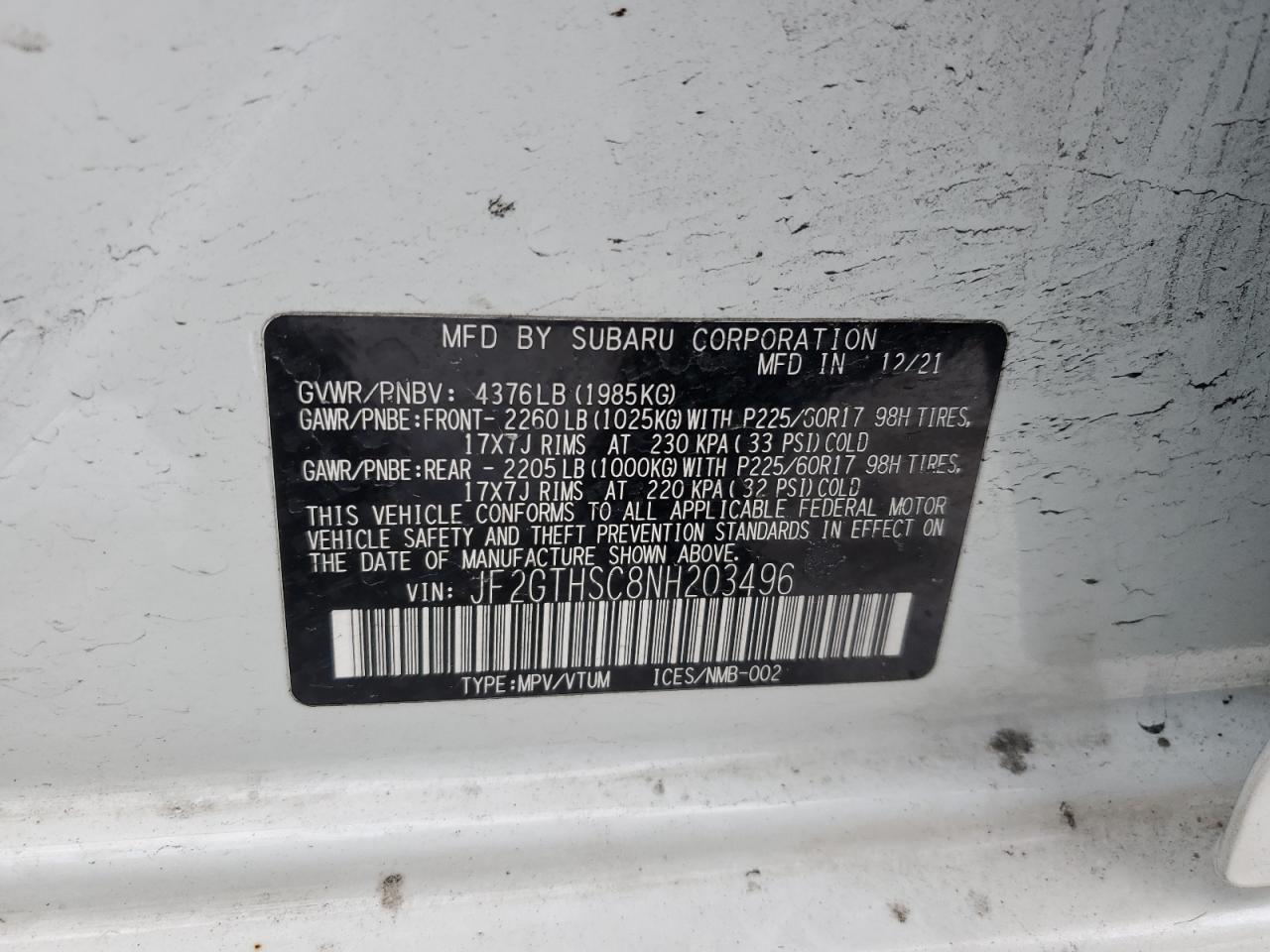 2022 SUBARU CROSSTREK SPORT VIN:JF2GTHSC8NH203496