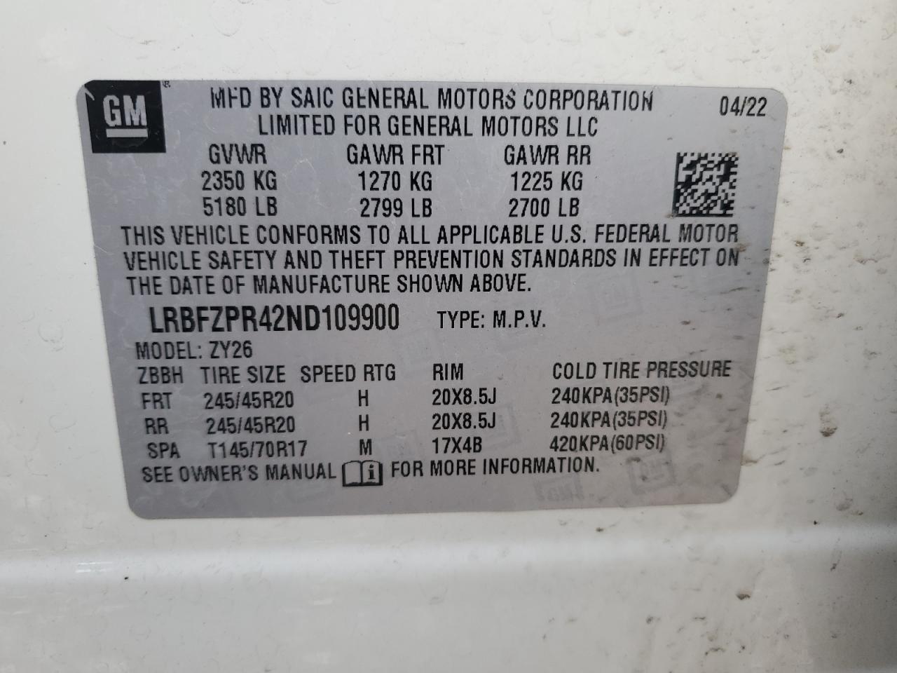 2022 BUICK ENVISION ESSENCE VIN:LRBFZPR42ND109900