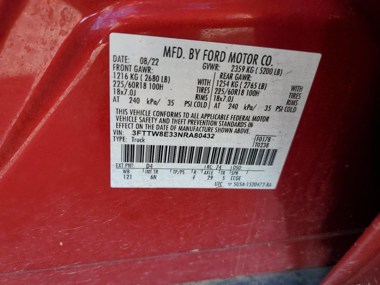 2022 FORD MAVERICK XL VIN:3FTTW8E33NRA80432