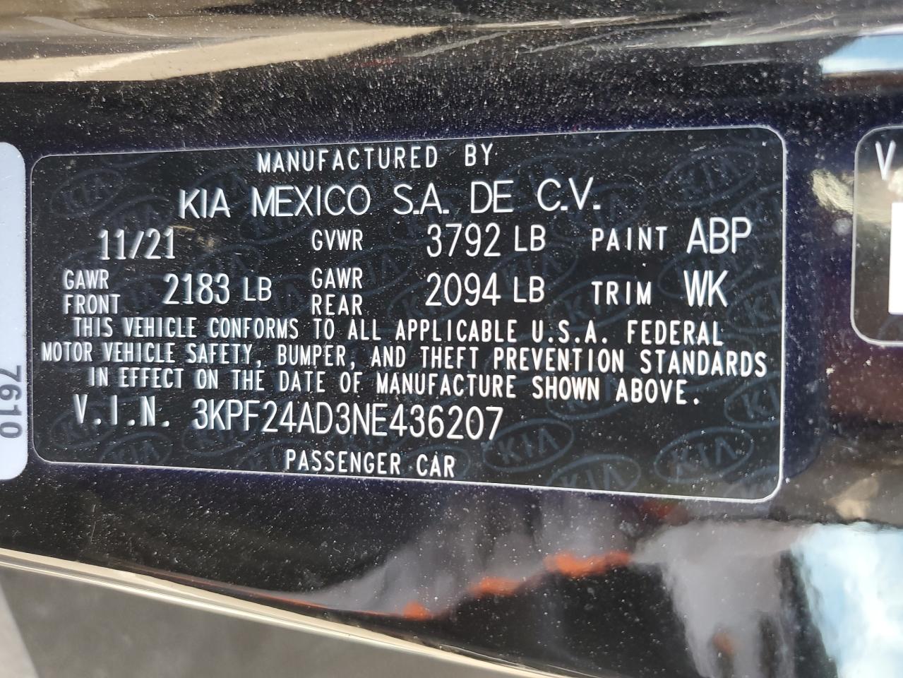 2022 KIA FORTE FE VIN:3KPF24AD3NE436207