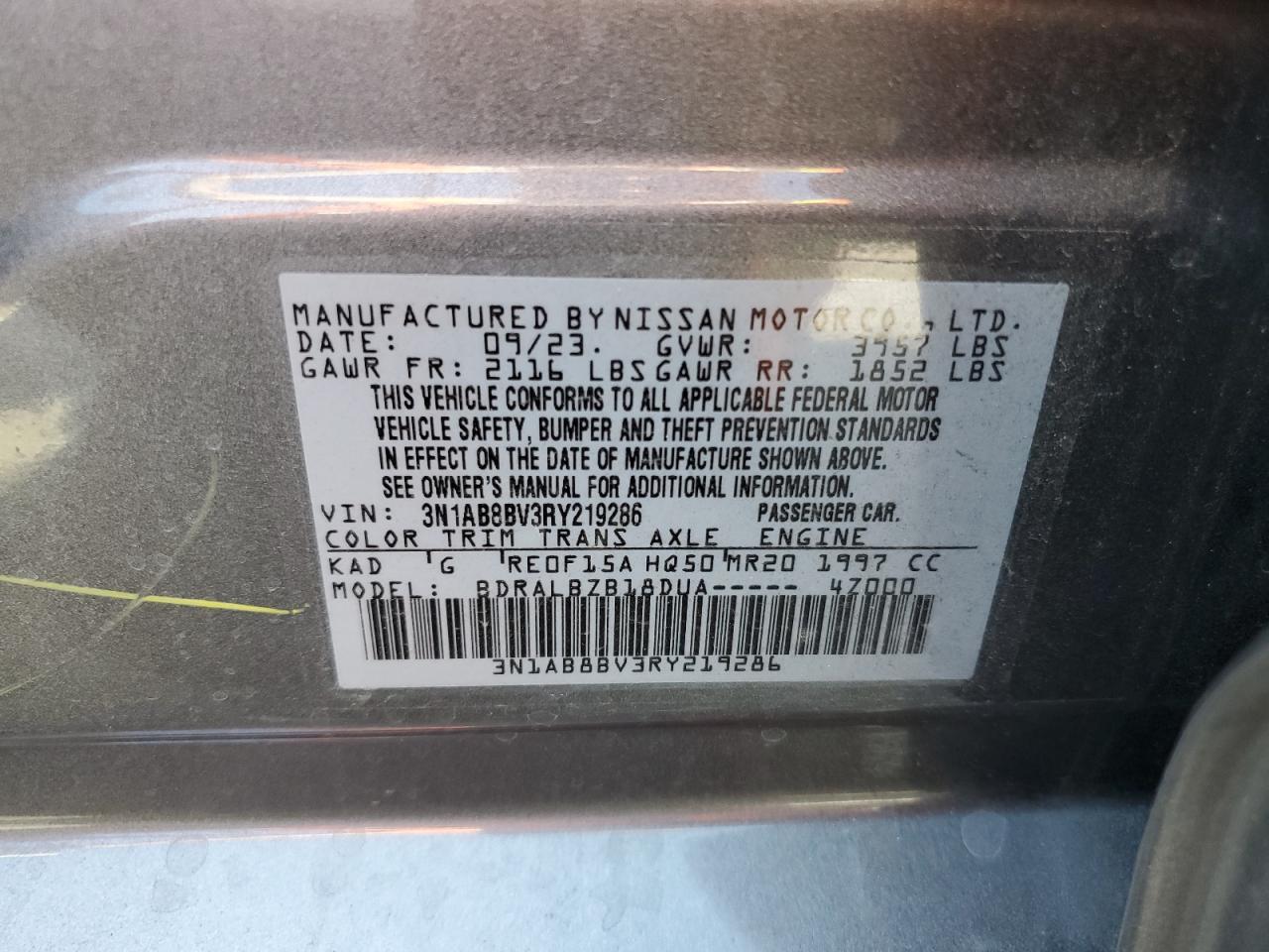2024 NISSAN SENTRA S VIN:3N1AB8BV3RY219286