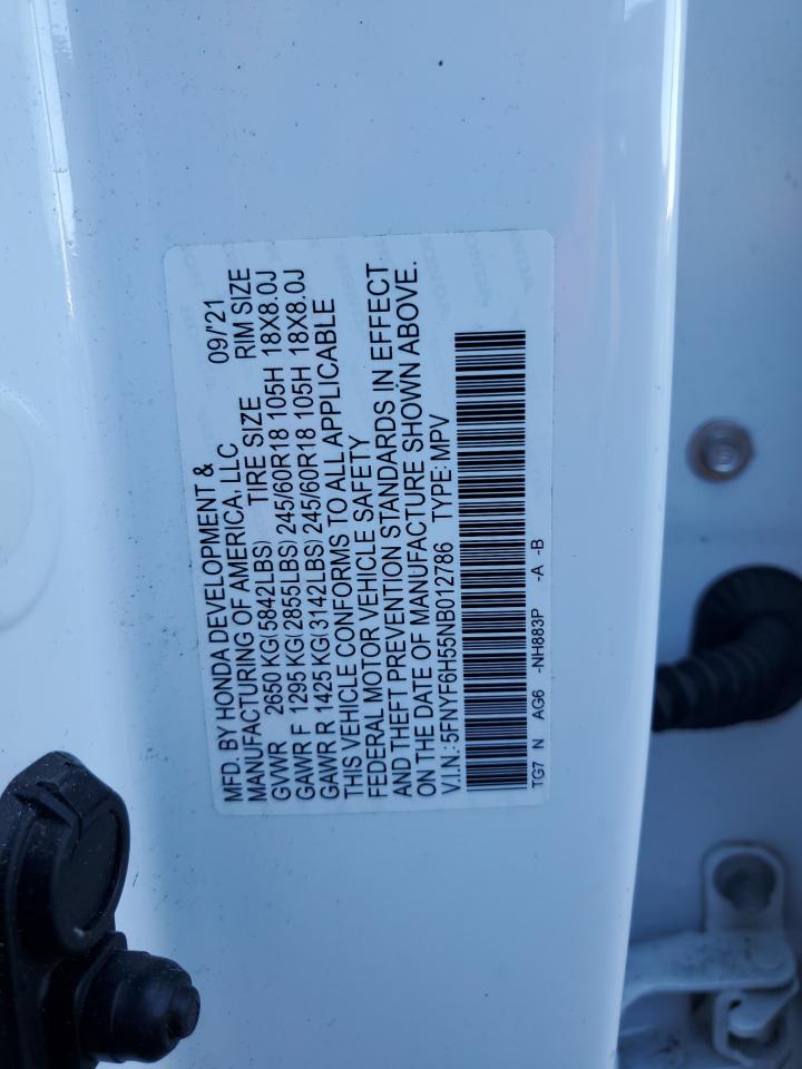2022 HONDA PILOT EXL VIN:5FNYF6H55NB012786