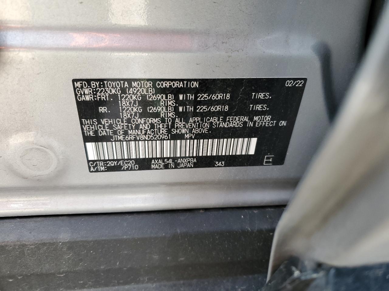 2022 TOYOTA RAV4 XSE VIN:JTME6RFV8ND520961