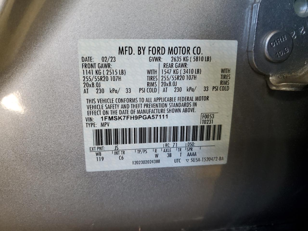 2023 FORD EXPLORER LIMITED VIN:1FMSK7FH9PGA57111