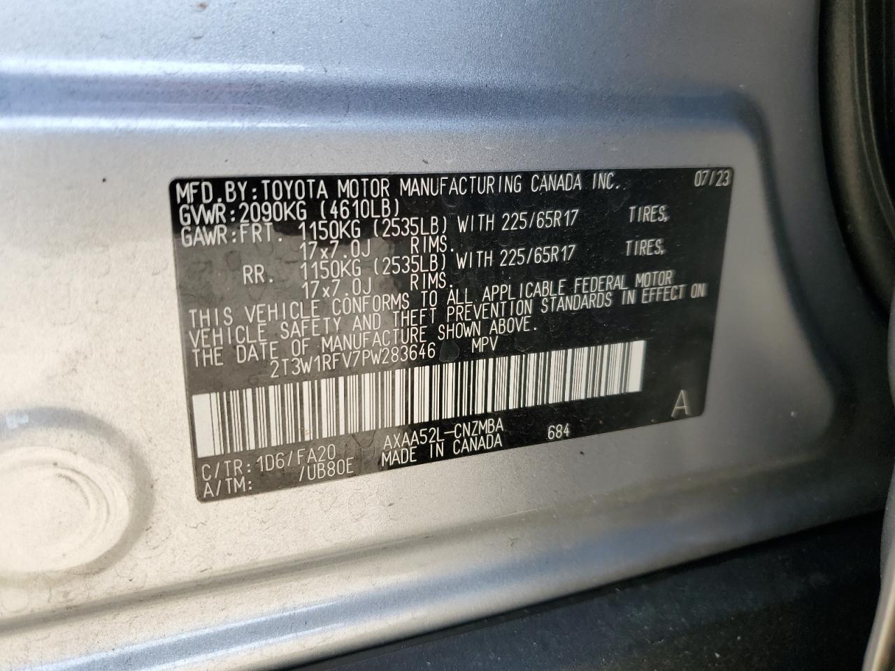 2023 TOYOTA RAV4 XLE VIN:2T3W1RFV7PW283646