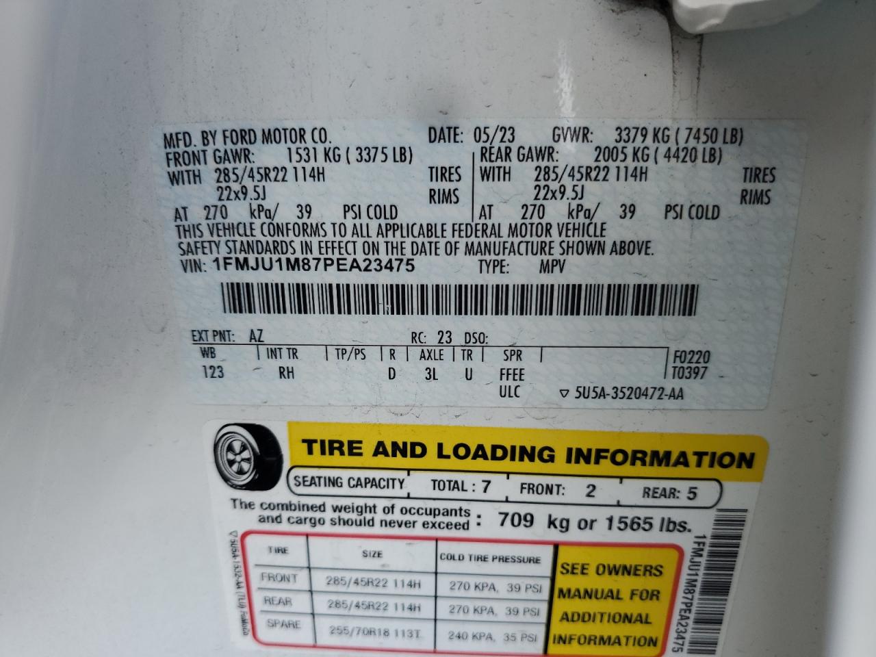 2023 FORD EXPEDITION PLATINUM VIN:1FMJU1M87PEA23475