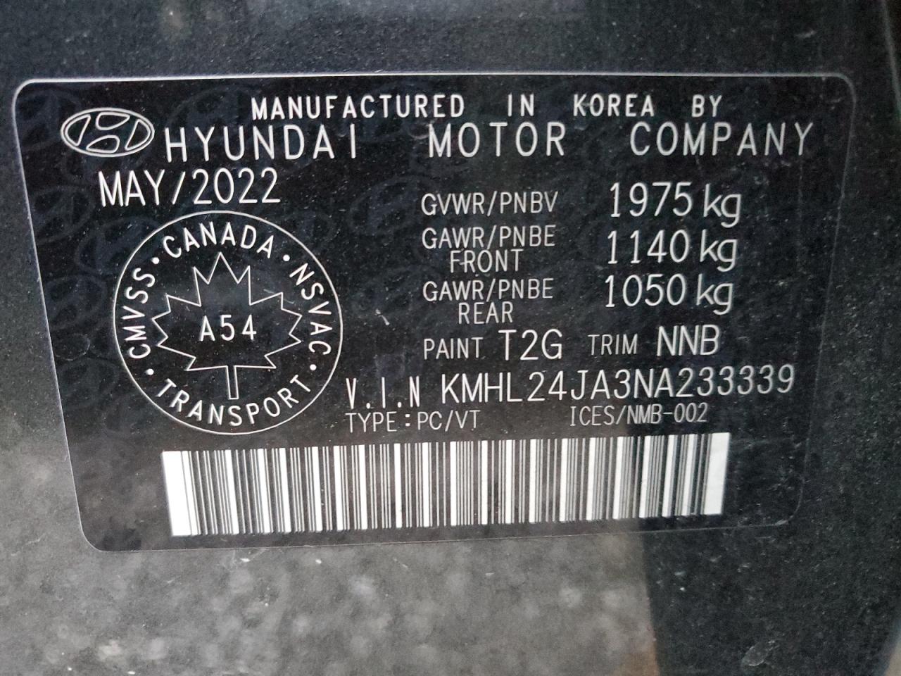 2022 HYUNDAI SONATA SE VIN:KMHL24JA3NA233339