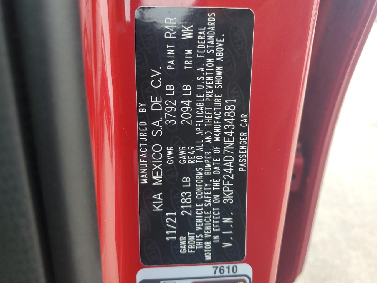2022 KIA FORTE FE VIN:3KPF24AD7NE434881