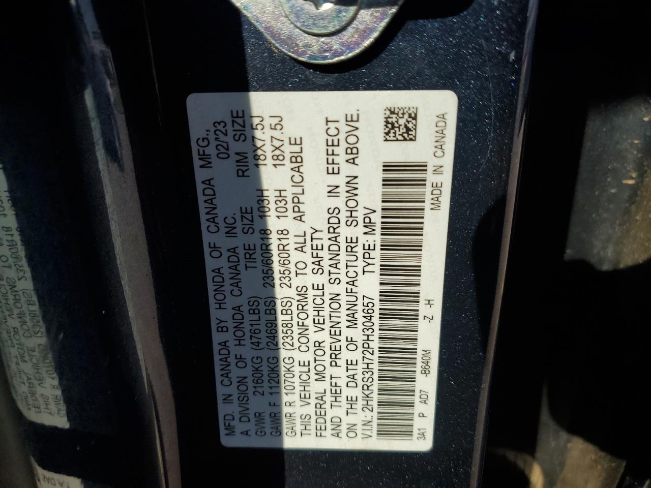 2023 HONDA CR-V EXL VIN:2HKRS3H72PH304657