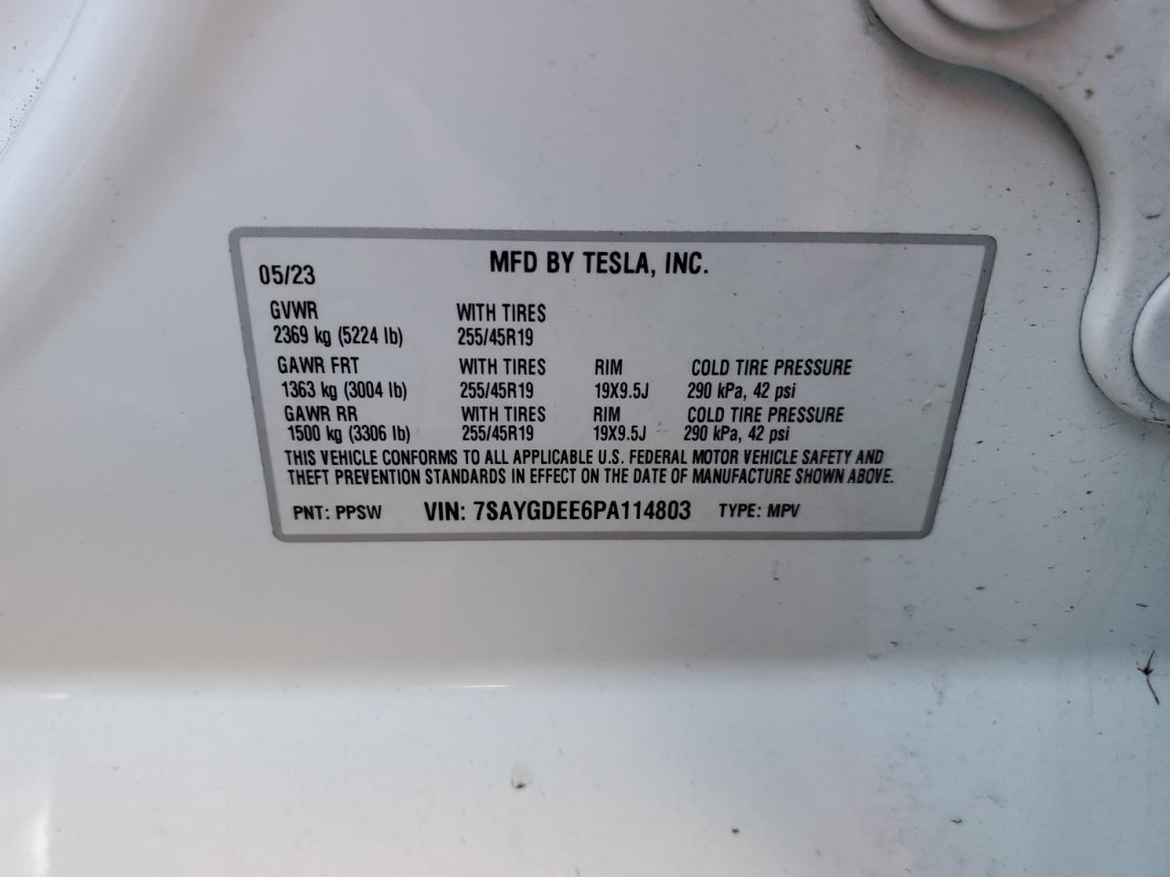 2023 TESLA MODEL Y  VIN:7SAYGDEE6PA114803