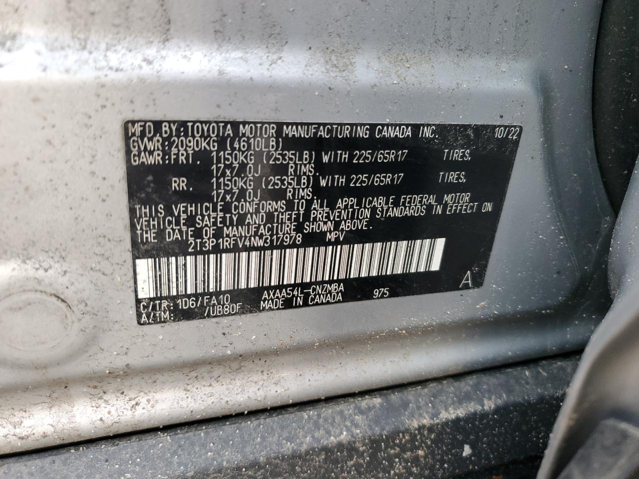 2022 TOYOTA RAV4 XLE VIN:2T3P1RFV4NW317978