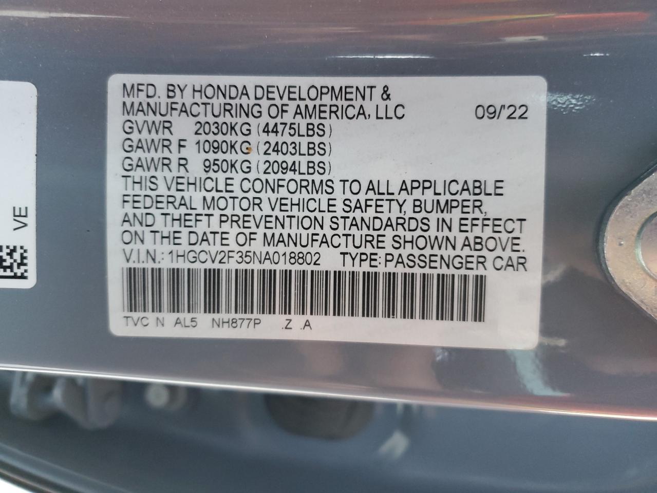 2022 HONDA ACCORD SPORT VIN:1HGCV2F35NA018802