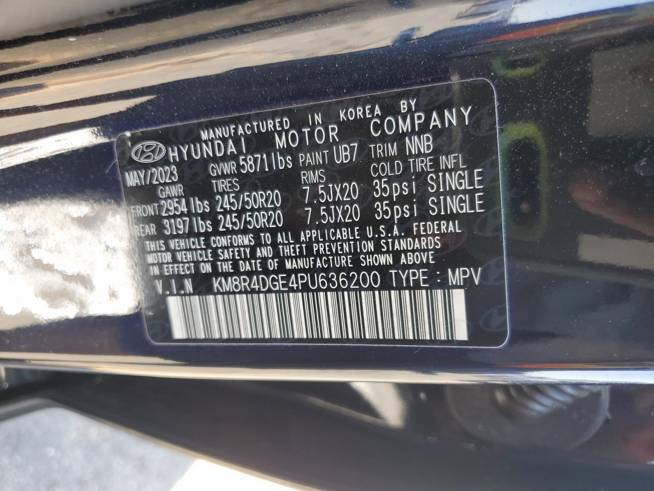 2023 HYUNDAI PALISADE SEL PREMIUM VIN:KM8R4DGE4PU636200