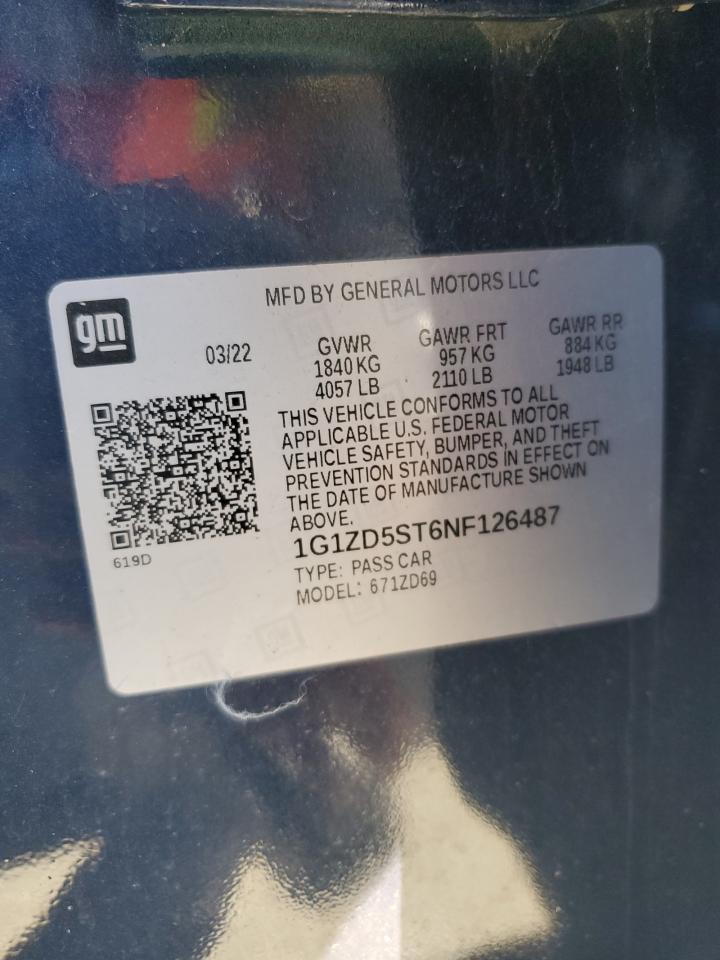 2022 CHEVROLET MALIBU LT VIN:1G1ZD5ST6NF126487