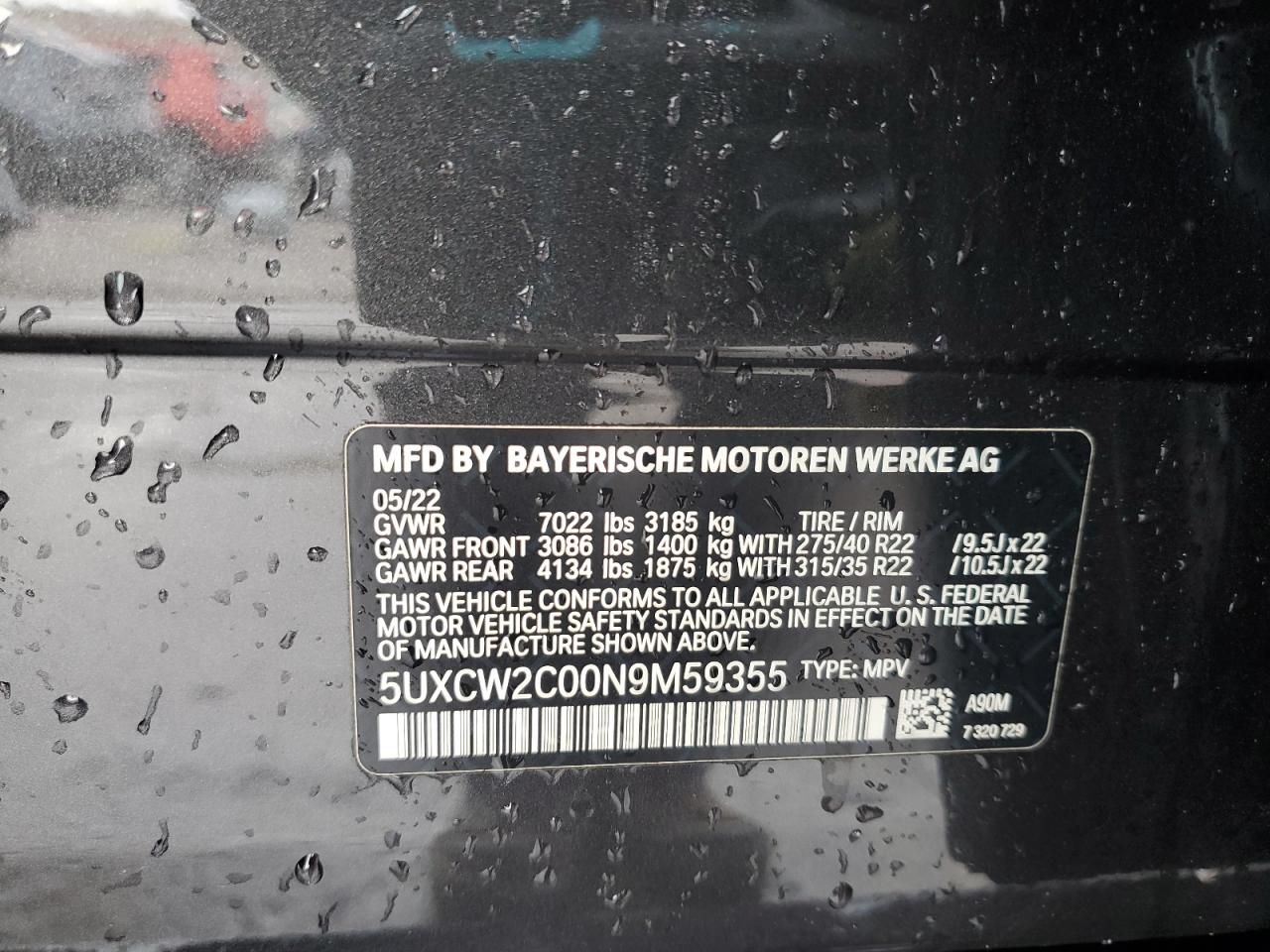 2022 BMW X7 XDRIVE40I VIN:5UXCW2C00N9M59355