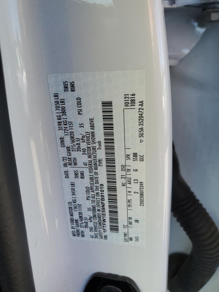 2022 FORD F150 SUPERCREW VIN:1FTFW1E59NFB91019