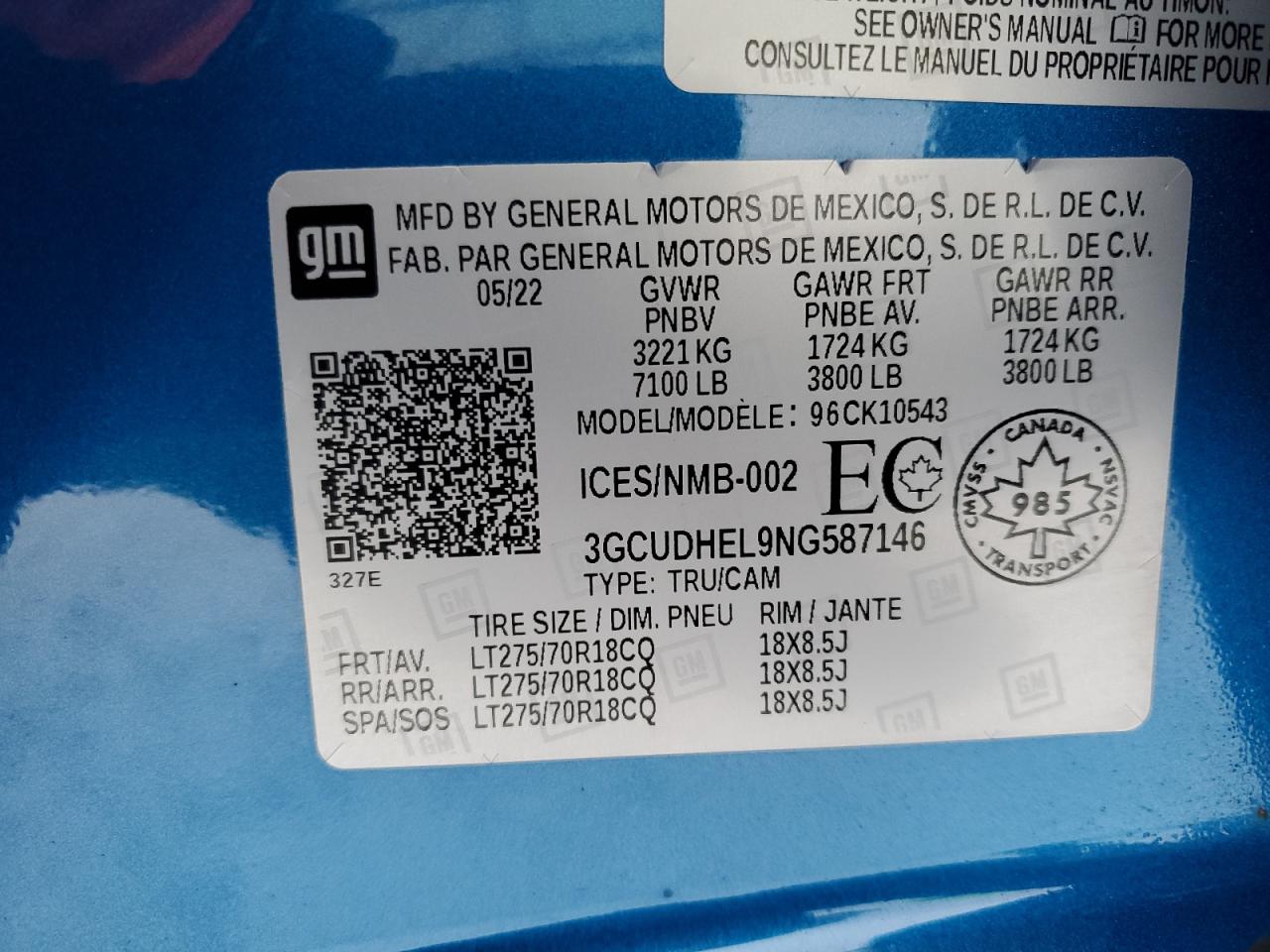 2022 CHEVROLET SILVERADO K1500 ZR2 VIN:3GCUDHEL9NG587146