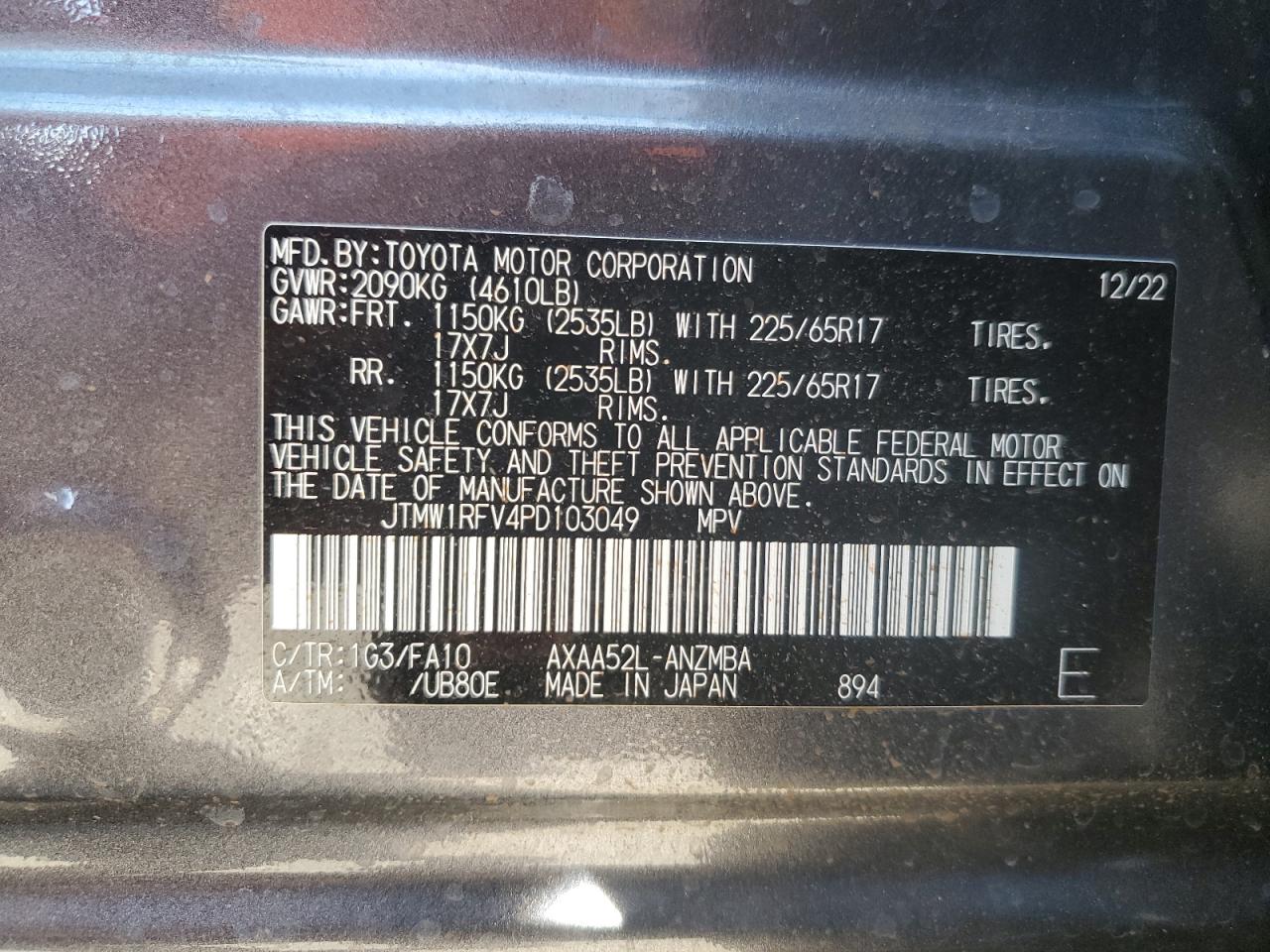 2023 TOYOTA RAV4 XLE VIN:JTMW1RFV4PD103049