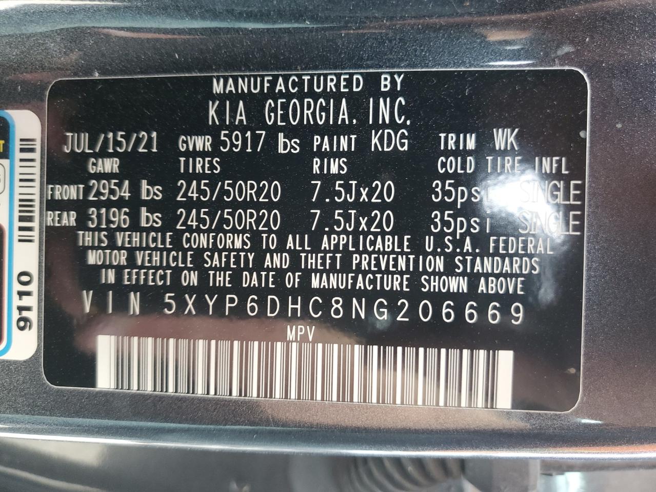 2022 KIA TELLURIDE S VIN:5XYP6DHC8NG206669