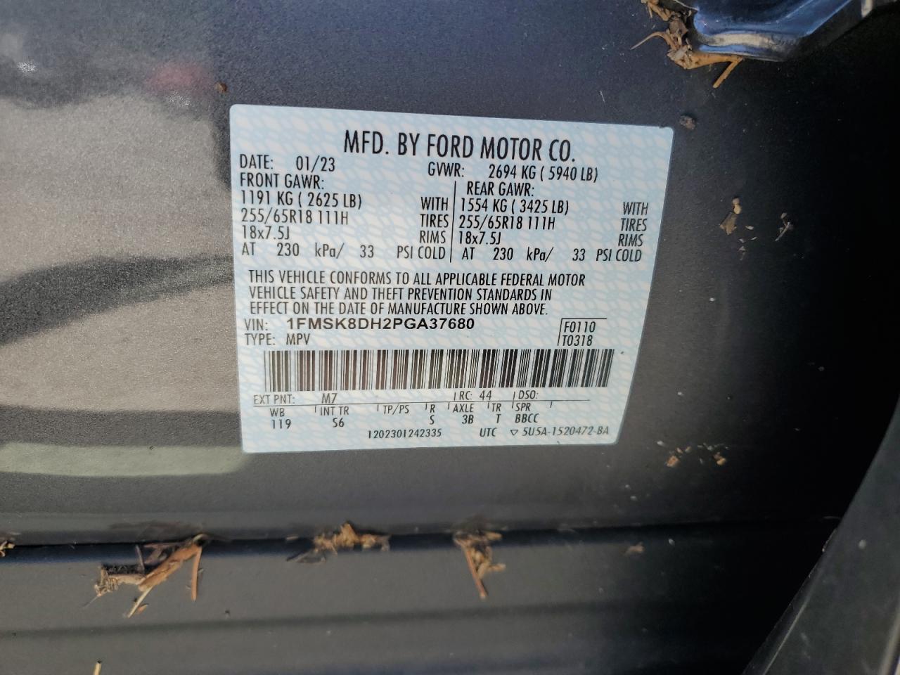 2023 FORD EXPLORER XLT VIN:1FMSK8DH2PGA37680