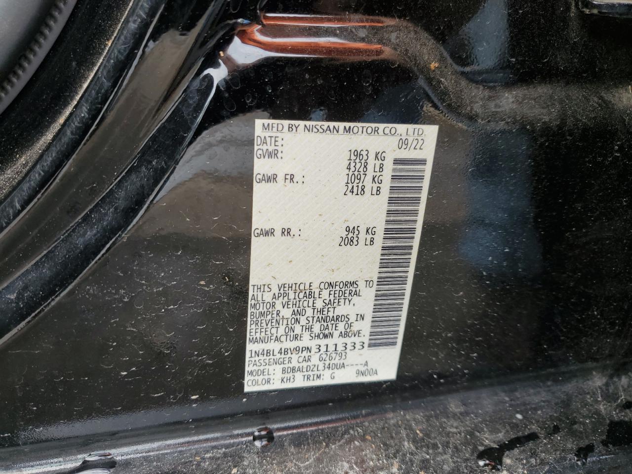 2023 NISSAN ALTIMA S VIN:5TBBT44131S147480