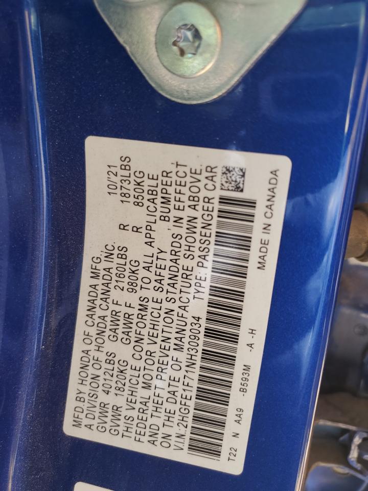 2022 HONDA CIVIC EX VIN:2HGFE1F71NH309034
