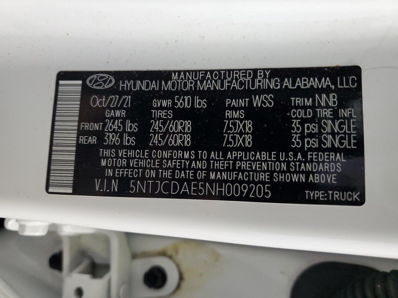 2022 HYUNDAI SANTA CRUZ SEL VIN:5NTJCDAE5NH009205