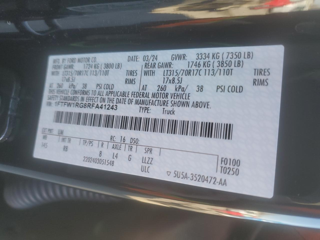 2024 FORD F150 RAPTOR VIN:1FTFW1RG8RFA41243